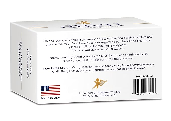 HARP pH-Balanced (5.0-6.0) Exfoliating Body Wash Bar - FRAGRANCE FREE. Bamboo Powder Exfoliation -the perfect consistency. Soap/Lye/Preservative/Dye/Masking agent-Free. Non-comedogenic.