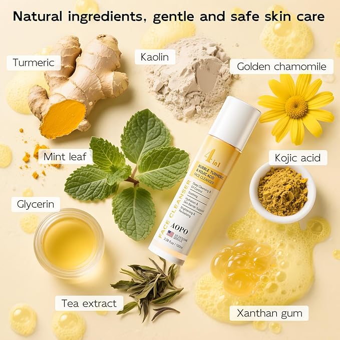 4 in 1 Bubble Turmeric & Kojic Acid for Face Cleanser - Turmeric Face Wash Foaming Cleanser - Exfoliation Deep Cleansing of Facial Skin - Suitable for Sensitive Skin - 3.38OZ