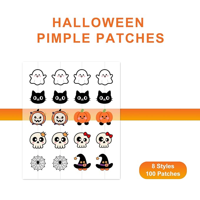 Pimple Patches,Halloween Acne Patch,Pimple Patches for Face, Cute Stickers,Salicylic Acid & Tea Tree, 100PCS Hydrocolloid Dots in 8 Colors for Face,Cute Halloween Stickers