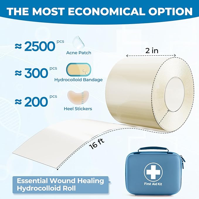 Hydrocolloid Bandages Roll: 2in x 16ft Ultra Adhesivas & Absorbent & Waterproof Large Hydrocolloid Patches for Wound Care - Hydro Seal Wound Healing Hydrocolloid Dressing Bandaid Tape