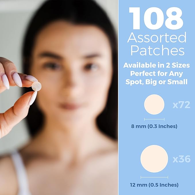 Acne Patches for Face - Hydrocolloid Bandages (108 Count) Pimple Patches for Face in 2 Universal Sizes, Acne Spot Treatment Care for Face & Skin Spot Patch Conceals Zits, Acne and Blackheads