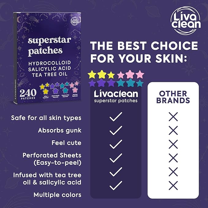 LivaClean 720 CT (3 Pack of 240) Superstar Pimple Patch for Face - Salicylic Acid & Tea Tree, Hydrocolloid Acne Patch, Pimple Patches Star Cute Zit Patches - 3 Sizes