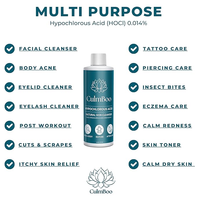 Hypochlorous Acid Spray for Face & Skin - Acne Prone Skin, Eczema, Natural Tattoo Aftercare, Piercing Aftercare Spray, Eye Lash Cleanser, Face Mist Toner, Wound Care Cleanser, 16 Fl Oz 1 Pack