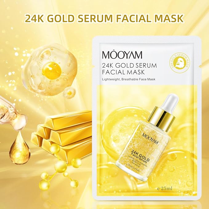 Facial Masks Skincare for Women,24K Gold Serum Moisturize Face Mask Sheet for Girl,Hydrating Face Mask for All Skin Types,Dry Skin & Sensitive Skin (10-Packs)