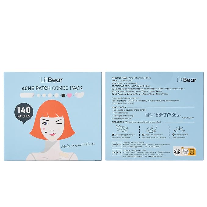 LitBear Acne Pimple Patch, 8 Sizes 140 Pcs Hydrocolloid Acne Patches with Storage Box, 24 XL Pimple Patches for Face, Chin, Nose, 4 Shapes Zits Patches for Blemish, dots with Tea Tree Oil & Cenrella