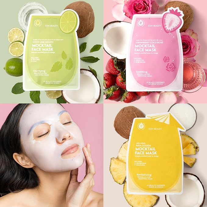 ESW Beauty Mocktail Face Mask Set - 3-Pack Vegan Face Masks for Hydrating, Revitalizing & Calming Skin - Includes Coco Lime Mojito, Strawberry Coco Rosé & Piña Colada Biocellulose Masks