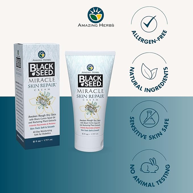 Amazing Herbs Black Seed Miracle Skin Repair Cream - Non-Allergenic Formula, Black Cumin Seed Oil, Vitamin E, and Other Essential Oils Support Collagen & Elastin Production - 6 Fl Oz