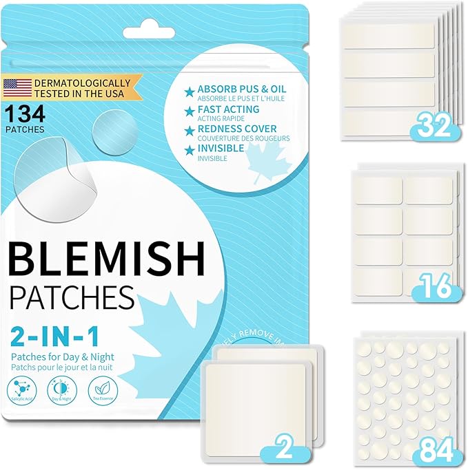 Large Pimple Patches Acne Patches hydrocolloid Bandages for Face Forehead Chin Body Chest Back Blemish Patch with Multiple Sizes (134pcs)
