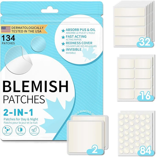 Large Pimple Patches Acne Patches hydrocolloid Bandages for Face Forehead Chin Body Chest Back Blemish Patch with Multiple Sizes (134pcs)