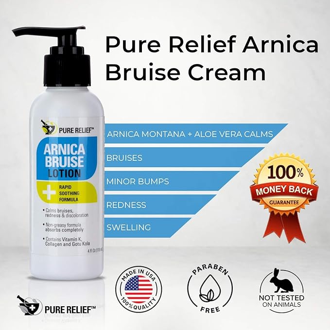 Arnica Bruise Relief Lotion for Bruising, Swelling, & Discoloration On Skin, Natural Skin Care Arnica Bruise Homeopathic Topical Bruise Cream W/Aloe Vera & Collagen, 4 Fl Oz (Pack of 3)