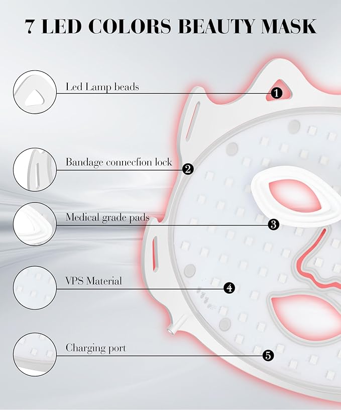 Red Light Therapy for Face, 7 Colors LED Face Mask Light Therapy At Home, Led Face Mask Light Therapy, White