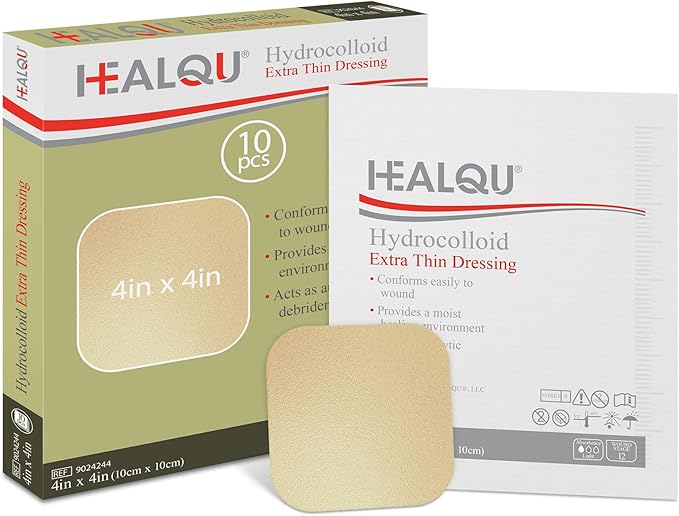 Healqu Hydrocolloid Wound Dressing - 4x4 Thin - Box of 10 Large Bandages - Sterilized Bordered Hydrocolloid Patches for Bed Sores, Abrasions, and More - Waterproof and Absorbent with Protective