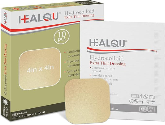 Healqu Hydrocolloid Wound Dressing - 4x4 Thin - Box of 10 Large Bandages - Sterilized Bordered Hydrocolloid Patches for Bed Sores, Abrasions, and More - Waterproof and Absorbent with Protective