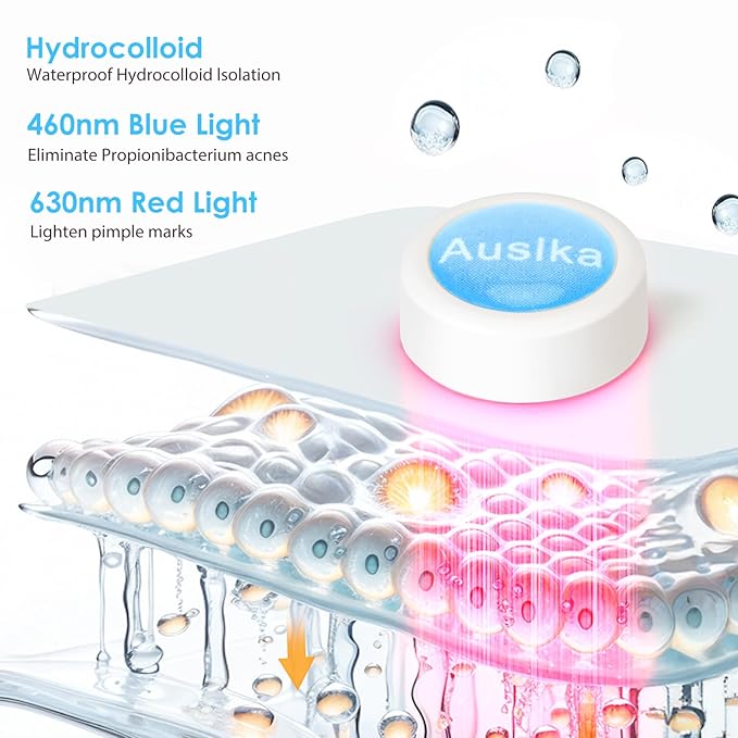 AUSLKA Light Therapy Pimple Patch, LED Red and Blue Light Hydrocolloid Zit Patches, Spot Dots for Blemishe, 6-Packs, Use 6-8 hours (Blue, Eliminate Pimple Patch)