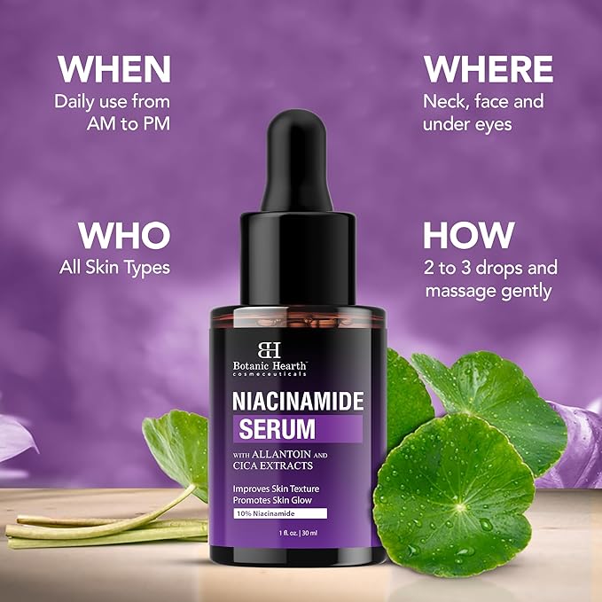 Botanic Hearth 10% Niacinamide Face Serum With Allantoin, Zinc Pca, Cica & Hyaluronic Acid | Minimize Pores, Correct Dark Spots, Even Skin Tone | All Skin Types | For Women & Men | 1 Fl Oz