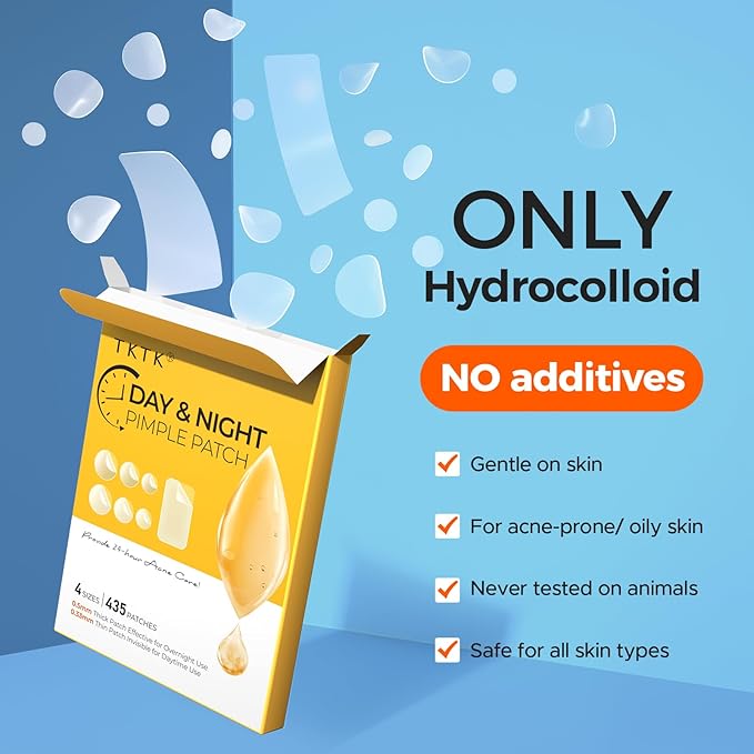 TKTK Bulk Pimple Patches for Face, 435 Patches 4 Size Acne Patches Day and Night, Hydrocolloid Patch Thin & Thick Pimple Stickers for Covering Zits, Blemishes and Breakouts