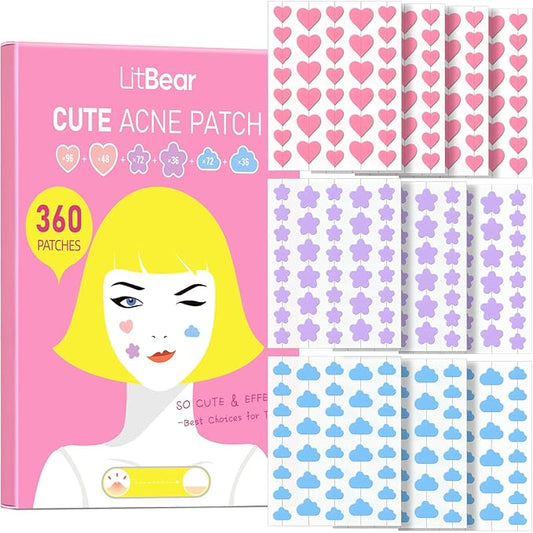 LitBear Acne Pimple Patch, 360 Dots 3 Shaped Colors Pimple Patches with Salicylic Acid, Tea Tree Oil & Calendula Oil, Hydrocolloid Acne Patch for Face, Blemish, Cute Zit Patch Pimple Sticker Acne Dots