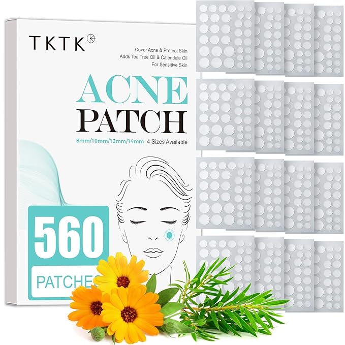 Pimple Patch Acne Patch, 4 Sizes 560 Patches Acne Absorbing Cover Patch, Hydrocolloid Invisible Acne Patches For Face Zit Patch Acne Dots Tea Tree, Calendula Oil - 4 Pack