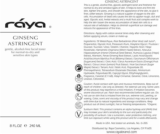 RAYA Ginseng Astringent with AHA 16 oz (G-205) | Gentle Glycolic Facial Toner for Dry and Sensitive Skin | Helps Tighten Pores, Smooth Complexion, and Reduce Fine Lines | Made With Alpha Hydroxy Acids