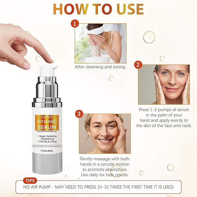Super Vitamin C Serum for Women Over 70: Advanced Anti-Aging Vitamin C, Niacinamide, Vitamin E & Caffeine Formula,Hydrates, Firms, Lifts, Targets Wrinkles & Dark Spots, 1.0 fl. oz.