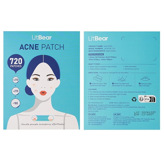 LitBear Pimple Patch Bulk, 720 Patches 3 Size Acne Patches for Face, Hydrocolloid Spot Stickers for Covering Zits, Blemishes, and Breakouts, Suitable for All Skin Types