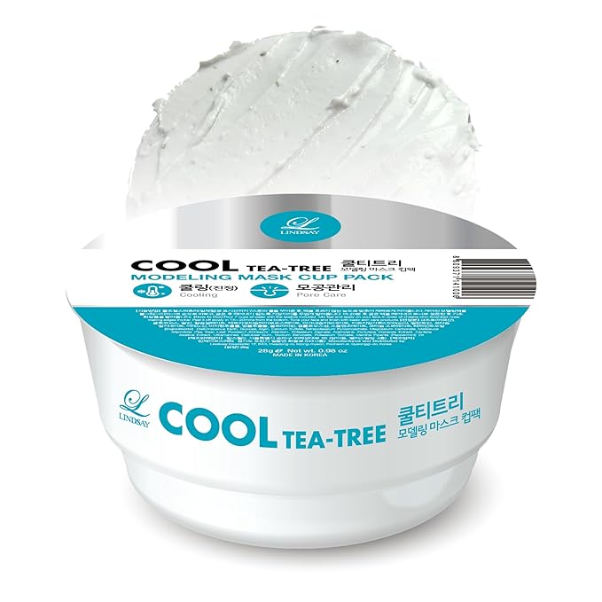 LINDSAY Cool Tea-Tree Modeling Mask Cup Pack - Korean Skin Care Face Mask Modeling Pack – Single-Use Cooling Moisturizing Face Mask w/Spatula Spoon – Spa Facial Peel-off Mask (6 ea, 0.36 lb)