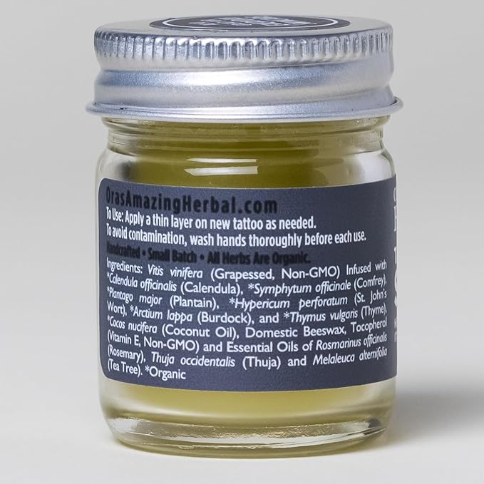 Ora's Amazing Herbal Tattoo Salve, Tattoo Aftercare Balm, Paraben Free Healing OIntment For New Tattoos, Brightening Moisturizer For Old Ink, Itchy Tattoo Relief Cream, Plastic Free, 1 oz Travel Size