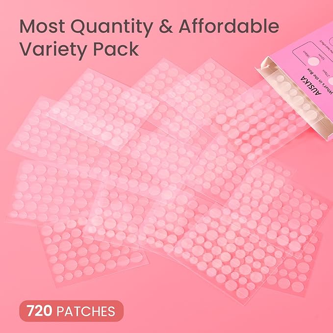 AUSLKA Pimple Patch Bulk, 720 Pimple Patches for Face, Hydrocolloid Spot Patch Stickers for Zits& Blemishes, Suitable for Body, Cheek, Forehead, Chin and Back (8mm, 10mm,12mm)