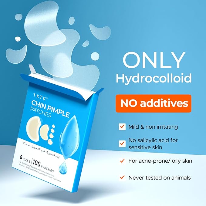 TKTK Chin Pimple Patches (100 Count 6 Sizes), XL Contoured Hydrocolloid Chin Patch 62x42 mm, Large Acne Patch for Face Blemishes Zit Breakouts, Maximum Absorption Overnight Stickers