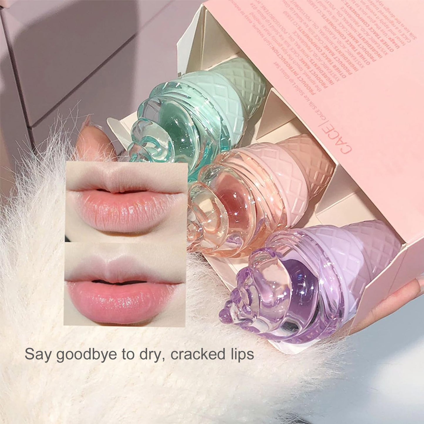 3Pcs Cute Hydrating Lip Gloss Set, Lip Sleeping Mask, Ice Cream Solid Lip Balm for Grils, Nourish Lip Care Makeup Sweet Peach/Blueberry/Green Apple Flavours