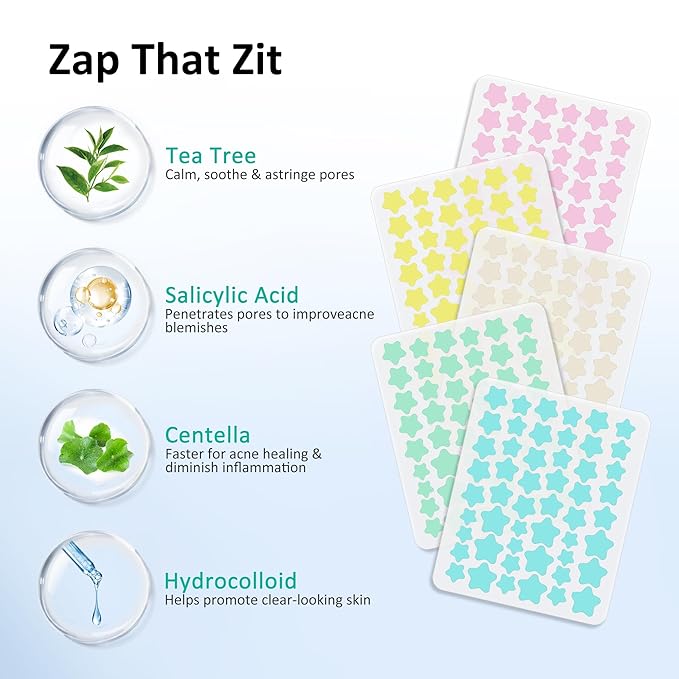 Star Pimple Patches for Face, Acne Patches, Cute Colorful Star Zit Covers with Hydrocolloid & Tea Tree Oil, Salicylic Acid Cica Extract 4 Sizes (8mm/9mm/11mm/14mm) | 255 Count
