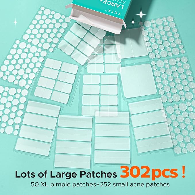 TKTK Large Pimple Patches for Face, 7 Sizes XL Acne Patches, Big Hydrocolloid Bandages for Body, Chin, Forehead, Chest, Back Zit Breakouts, Hydrocolloid Patch (Strip, Square, Dot 302 Count)
