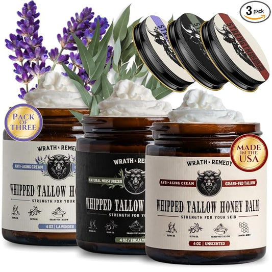 Wrath & Remedy Handmade Whipped Organic Beef Tallow for Skin - 4 OZ (3-Pack) — Grass Fed Beef Tallow Moisturizer and Honey Balm for Silky, Sensitive-Skin, Eczema, Rosacea - Free of Harsh Chemicals