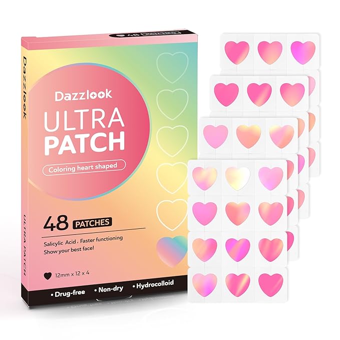 Cute Pink Heart Acne Patch with Salicylic Acid, Hydrocolloid Pimple Stickers Iridescent Colors 48 Pcs, Fashion Zits Blemishes Breakouts Patches