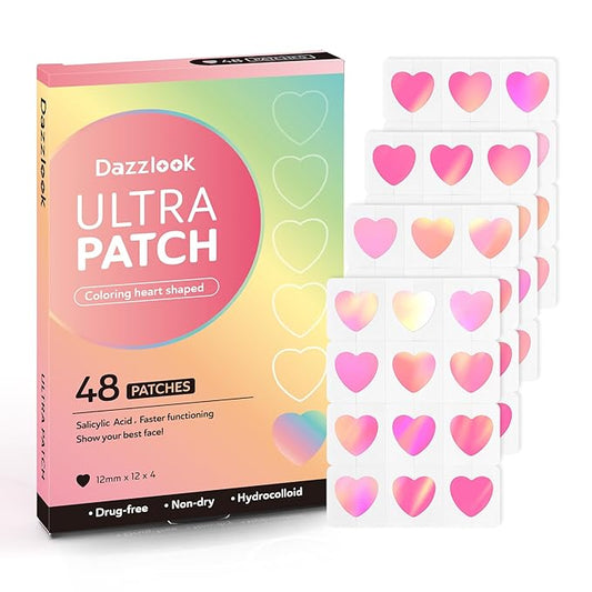 Cute Pink Heart Acne Patch with Salicylic Acid, Hydrocolloid Pimple Stickers Iridescent Colors 48 Pcs, Fashion Zits Blemishes Breakouts Patches