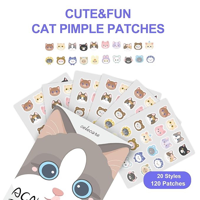 Pimple Patches,Acne Patches,Pimple Patches for Face, Cute Stickers,Salicylic Acid & Tea Tree, 120 Hydrocolloid Dots in 20 Colors for Face,Cute Cat Pimple Stickers
