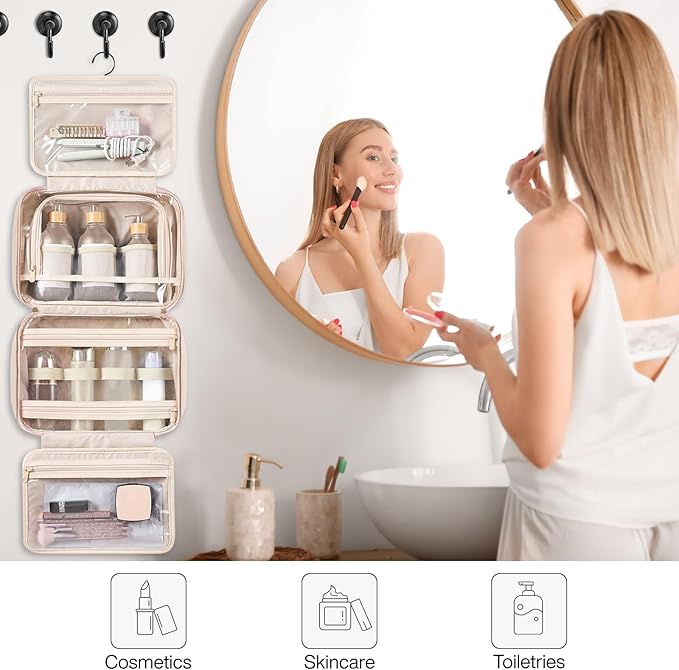 Hanke Hanging Travel Toiletry Bag for Women with Jewelry Organizer Compartment, Travel Essentials Toiletries and Makeup Bag, Water-Resistant & Stain-Resistant with Trolley Strap (Apricot)