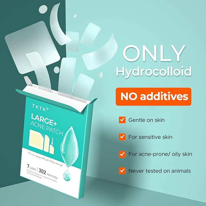 TKTK Large Pimple Patches for Face, 7 Sizes XL Acne Patches, Big Hydrocolloid Bandages for Body, Chin, Forehead, Chest, Back Zit Breakouts, Hydrocolloid Patch (Strip, Square, Dot 302 Count)