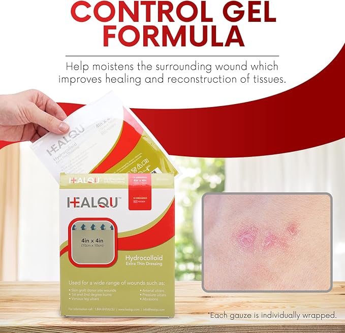 Healqu Hydrocolloid Wound Dressing - 4x4 Thin - Box of 10 Large Bandages - Sterilized Bordered Hydrocolloid Patches for Bed Sores, Abrasions, and More - Waterproof and Absorbent with Protective
