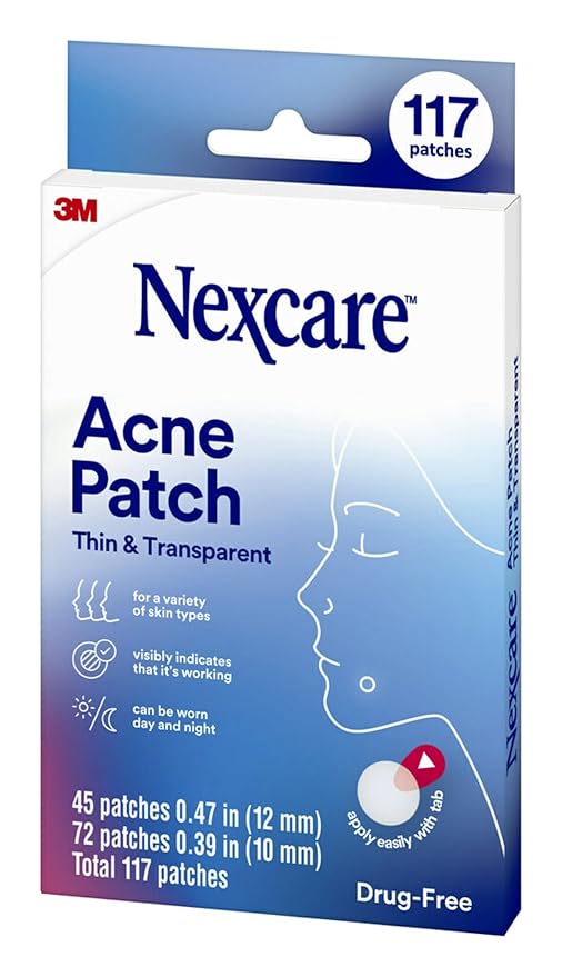Nexcare Thin and Transparent Acne Patch, Skin Cover Absorbs Pus and Oil from Clogged Pores, Made with hydrocolloid, tab Allows for Easy Removal from Liner - 117 Pimple Patches