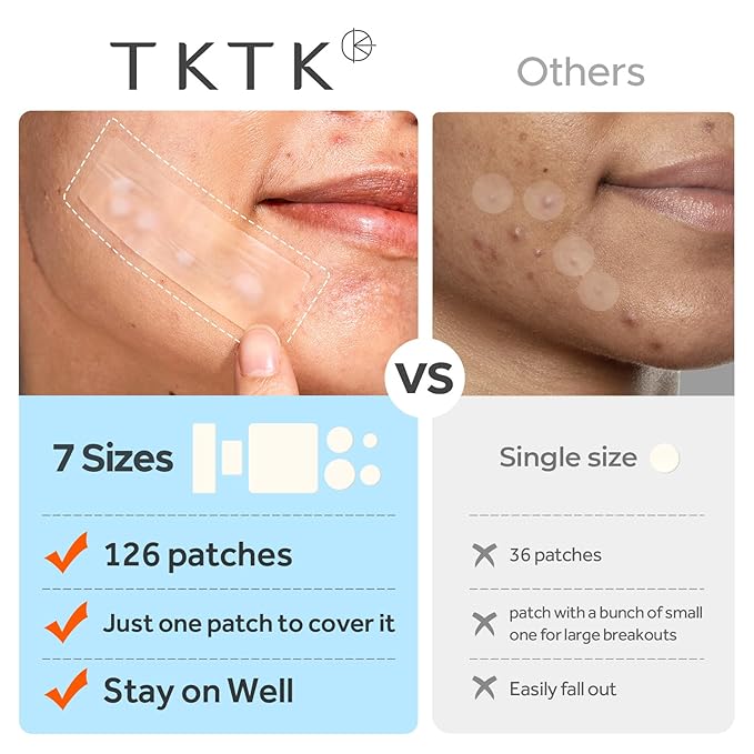 TKTK Large Pimple Patches for Face, 7 Sizes XL Acne Patches, Big Hydrocolloid Bandages for Body, Chin, Forehead, Chest, Back Zit Breakouts, Hydrocolloid Patch (Strip, Square, Dot 126 Count)