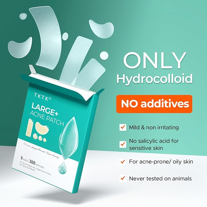 TKTK Large Pimple Patches for Face, XL Acne Patches 60 x 20 mm, Big Hydrocolloid Bandages for Body, Forehead, Chin, Neck Zit Breakouts, Hydrocolloid Patch (Strip, Contoured, Dot 5 Sizes 300 Count)