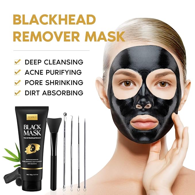 YLNALO Blackhead Remover Mask Kit, Charcoal Peel Off Facial Mask with Brush and Pimple Extractors, Deep Cleansing for Face Nose Blackhead Pores Acne, For All Skin Types (3.5 Fl.oz)