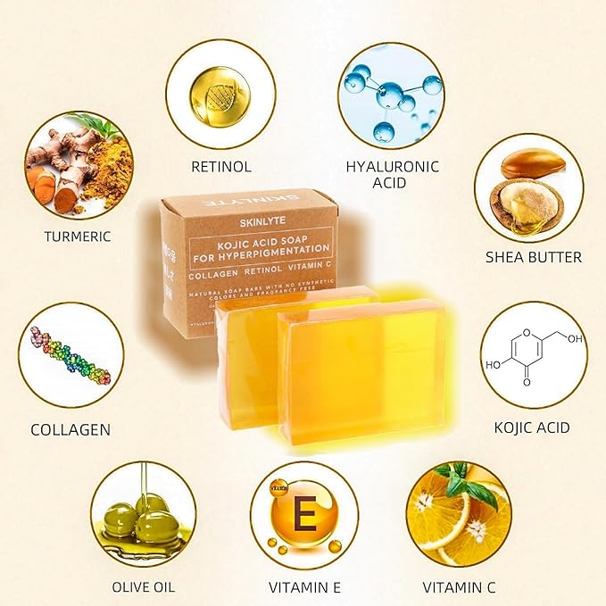 Kojic Acid Soap Natural -Fragrance Free and Dye Free- Dark Spot Remover Hyperpigmentation Corrector K-Beauty Formula - Turmeric, Glycerin, Collagen, Hyaluronic Acid, Retinol (2 Pack) 7oz.