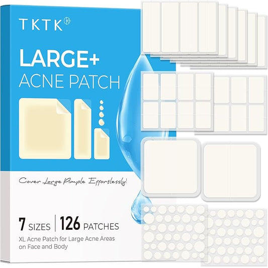 TKTK Large Pimple Patches for Face, 7 Sizes XL Acne Patches, Big Hydrocolloid Bandages for Body, Chin, Forehead, Chest, Back Zit Breakouts, Hydrocolloid Patch (Strip, Square, Dot 126 Count)