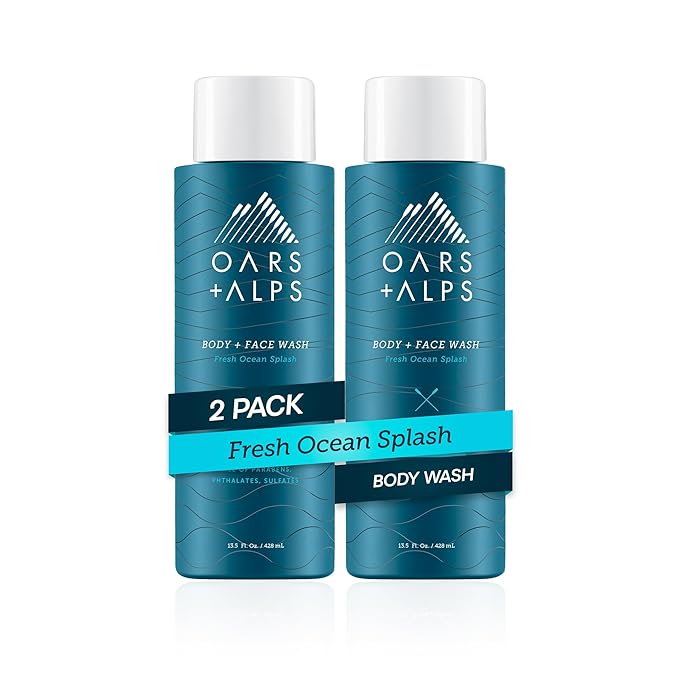 Oars + Alps Body and Face Wash for Men, Mens Body Wash with Vitamin E and Antioxidants, Moisturizing, Hydrating, Paraben & Sulfate Free Cleanser, Fresh Ocean Splash, 2pk