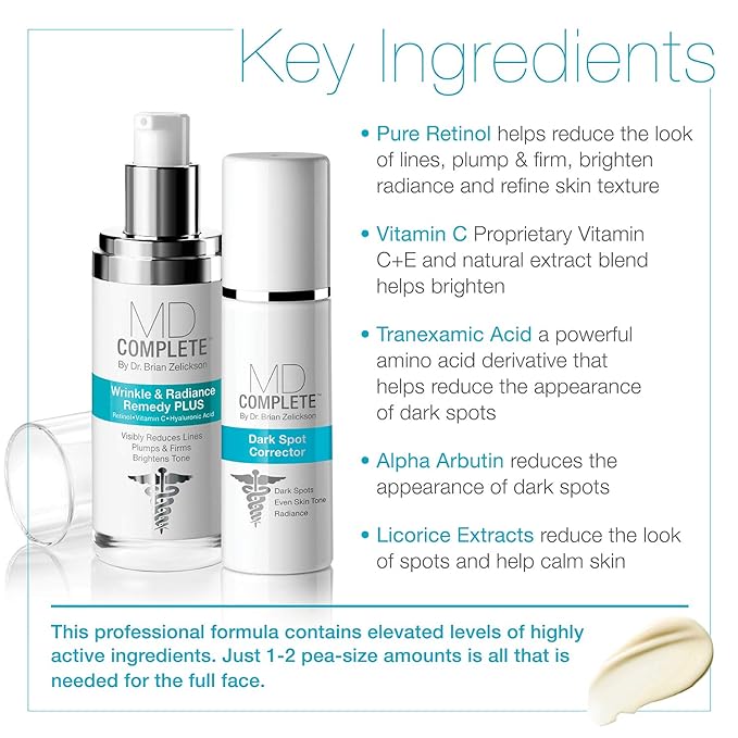 MD Complete Dark Spot Duo Professional Dermatologist Skin Rejuvenation including Dark Spot Corrector 1.0 Fl Oz and Wrinkle & Radiance Remedy PLUS 1.0 Fl Oz | Set of Two