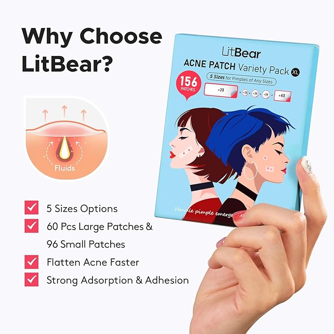 LitBear Large Pimple Patches, 5 Sizes 156 Patches Big Acne Patch, 60 XL Hydrocolloid Patch for Full Face, Forehead, Chin, Nose, Body, Back, Neck & Chest, Stirp, Square Large Hydrocolloid Bandages