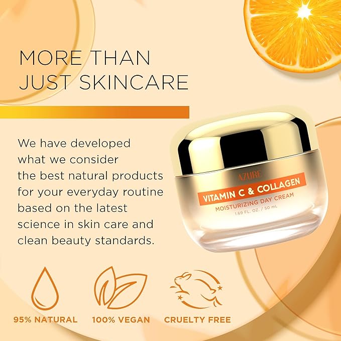 Azure Cosmetics Vitamin C & Collagen Face Moisturizer - Dermatologist Tested, Anti-Aging, Skin Tightening & Brightening, Clean, Cruelty-Free Face Cream - Korean Skin Care - All Skin Types - 2 Pack