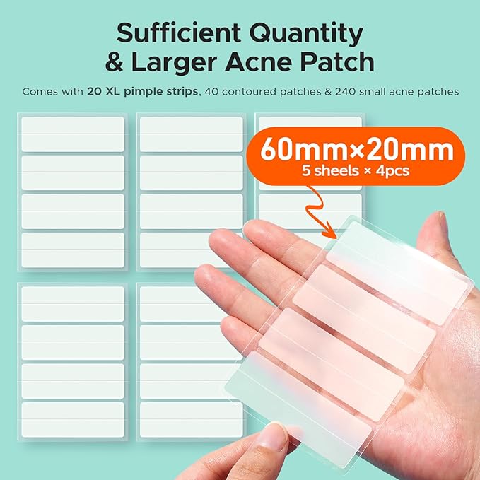 TKTK Large Pimple Patches for Face, XL Acne Patches 60 x 20 mm, Big Hydrocolloid Bandages for Body, Forehead, Chin, Neck Zit Breakouts, Hydrocolloid Patch (Strip, Contoured, Dot 5 Sizes 300 Count)